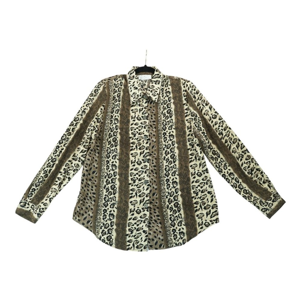 Kathy Che Women's Button-Up Stretch Blouse Animal Print Size XL Long Sleeve